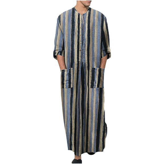 CTPDG Mens Fashion Kaftan Robe, Linen Loungewear Casual V Neck Long Night Gown Shirt Dress Middle East Classic Ethnic Clothing Blue L