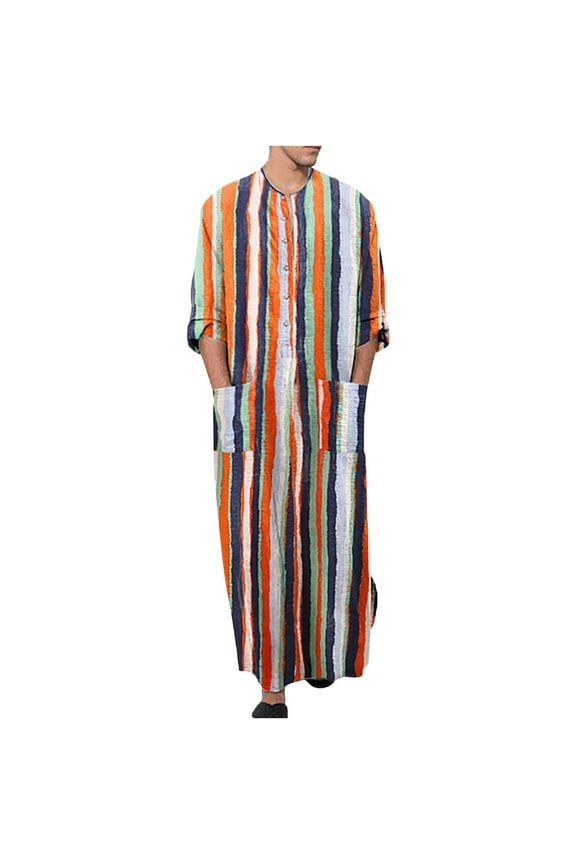 Mens Fashion Kaftan Robe, Linen Loungewear Casual V Neck Long Night Gown Shirt Dress Middle East Classic Ethnic Clothing Orange XXL