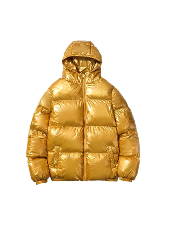 Mens Fashion Shiny Puffer Jacket with Hood Plus Size Casual Lightweight Coat Waterproof Windproof Jackets Warm Outwear Gold L