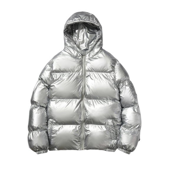 CTPDG Mens Fashion Shiny Puffer Jacket with Hood Plus Size Casual Lightweight Coat Waterproof Windproof Jackets Warm Outwear Silver L