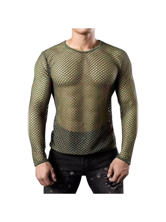 Mens Fishnet Shirt Slim Fit Fishnet Top Mesh Transparent Long Sleeve Muscle T-Shirt Net Undershirt Outdoor Sports Comfortable Tops Army Green XXL