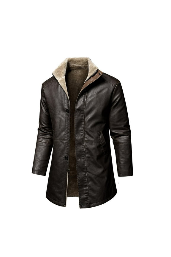 Mens Solid Color Leather Jacket 3/4 Length Faux Leather Coat Warm Winter Long Leather Jacket Lined Duster Trench Coat Coffee S