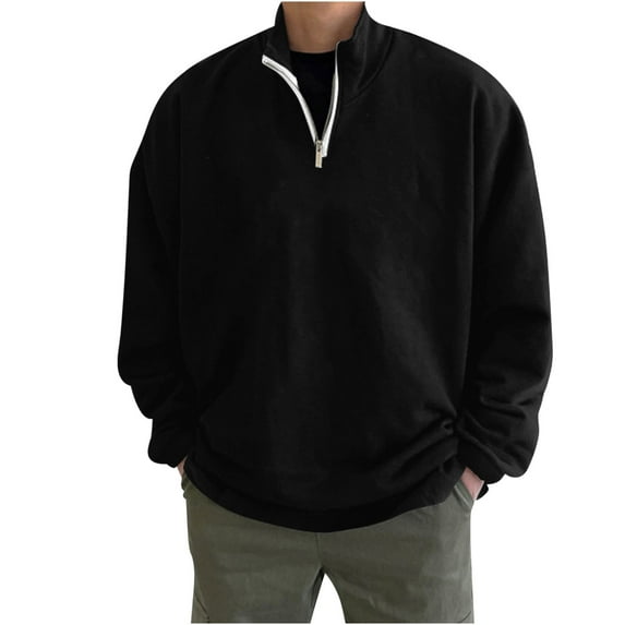 CTPDG Mens Solid Color Quarter Zip Sweatshirt Casual Long Sleeve Fleece Band Collar Outdoor Fall Pullover Sports Sweatshirts Black M