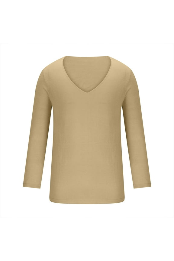 Solid Color Deep V Neck Compression Shirts for Men Long Sleeve Stretch T-Shirt Low Cut Undershirts Tees Base Layer Cold Weather Coffee S