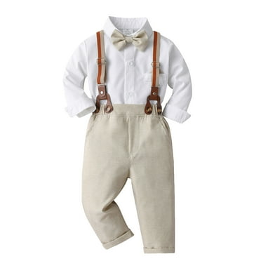 CTPDG Toddler Boy Child Wedding Suit for Kids Suits Formal Wear Tie Collar Button Down Shirts with Suspenders Overall Pants Two Pieces Set Beige 120