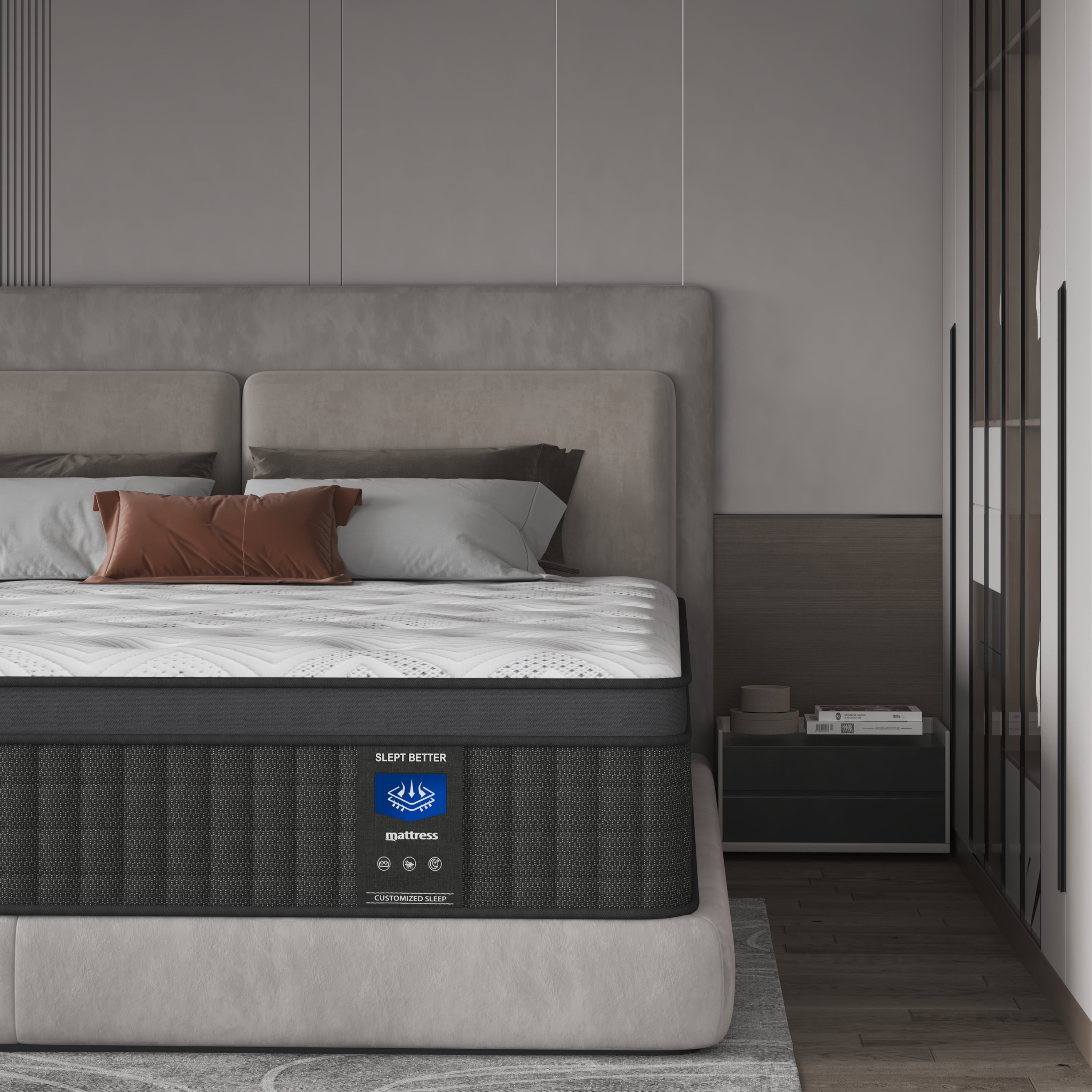 CTQC 12 King Mattress Cooling Gel Memory Foam Hybrid Mattress Medium-Firm Breathable Pressure Relief White Black Rim Mattress CertiPUR-US Certified Mattress with individually Pocket Springs