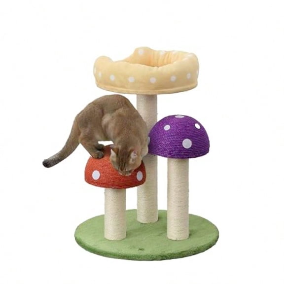 CTR1001A Pixie 22.5 3Tier Cottage Sisal Mushroom Cat Tree With Scratching Posts Napping Perch And Dangling Bell Toy Multi