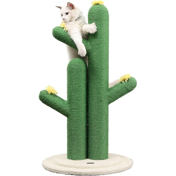 CTR1005A Socorro 34.25" Modern Jute Double-Cactus Cat Scratching Post with Flower Toys, Green/White