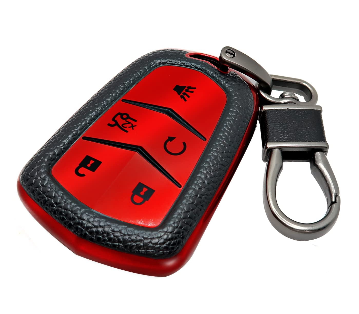 CTRINEWS for Cadillac Key Chain with Leather Keychain, Advanced Soft TPU  Surface Leather Grain Key Fob Cover for 2015-2019 Cadillac Escalade CTS SRX  XT5 ATS STS CT6(Red)