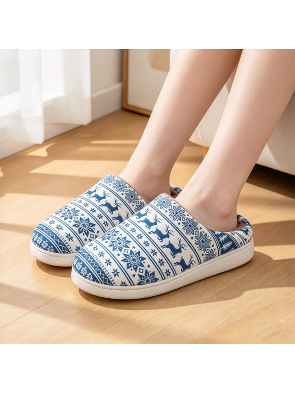 Christmas Womens Slippers, Christmas Pattern Flannel Upper Slippers, Soft Memory Foam Insole, Non-Slip Indoor Slippers, Christmas Stocking Stuffers for Women, Blue, Size:46