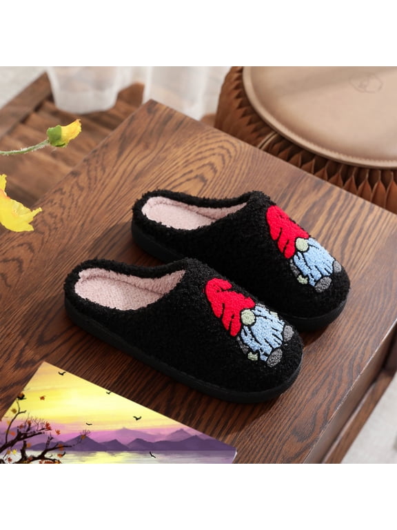Women's Christmas Slippers, Christmas Pattern Open Back Memory Foam Slippers, Women's Curly Fleece Slippers, Cozy House Slippers for Xmas Stocking Stuffers, Black, Size:36