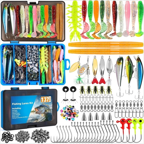 CTUER Fishing Lures, 137Pcs Tackle Box with Tackle Included, Crankbaits, Spoon, Hooks, Weights & Other Accessories, Fishing Bait Lure Gear Kit Gift for Men Bass Freshwater