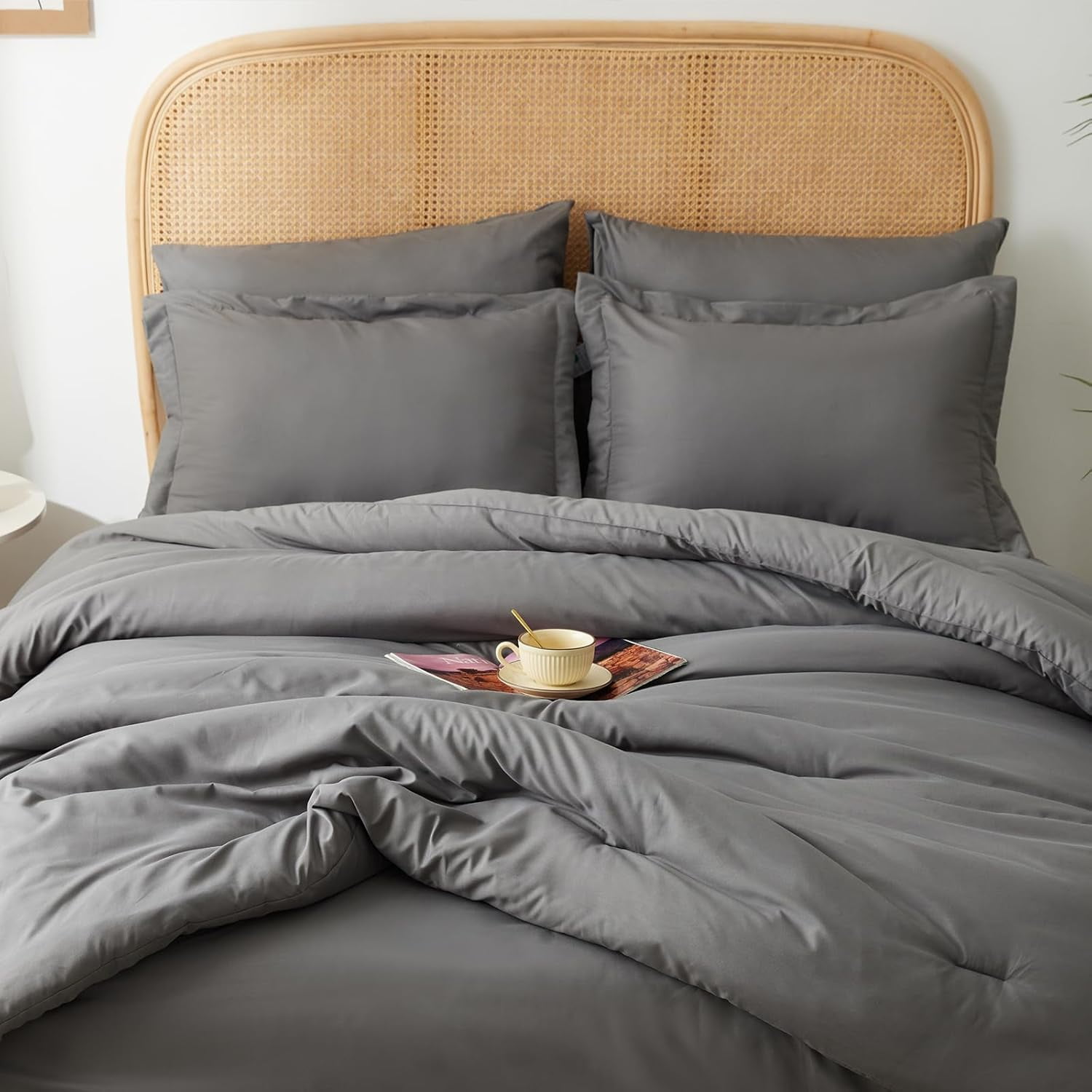 Bedsure Queen Comforter Set Dark Grey - Bed In A Bag Queen Size Bedding 7 Pieces, GentleSoft™ Pintuck Bed Set Gift For Family, Pinch Pleat All Season Comforter With Sheets, Pillowcases