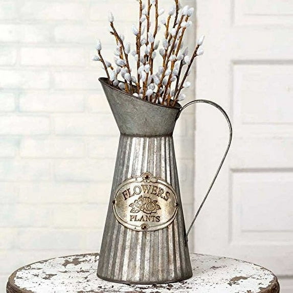 CTW 770006 Vintage Inspired Decorative Tall Pitcher With Handle For Artificial Dried Flowers or Kitchen Utensils, Tapered Galvanized Metal, Rustic Farmhouse Style Home Decor, Gray and Brown