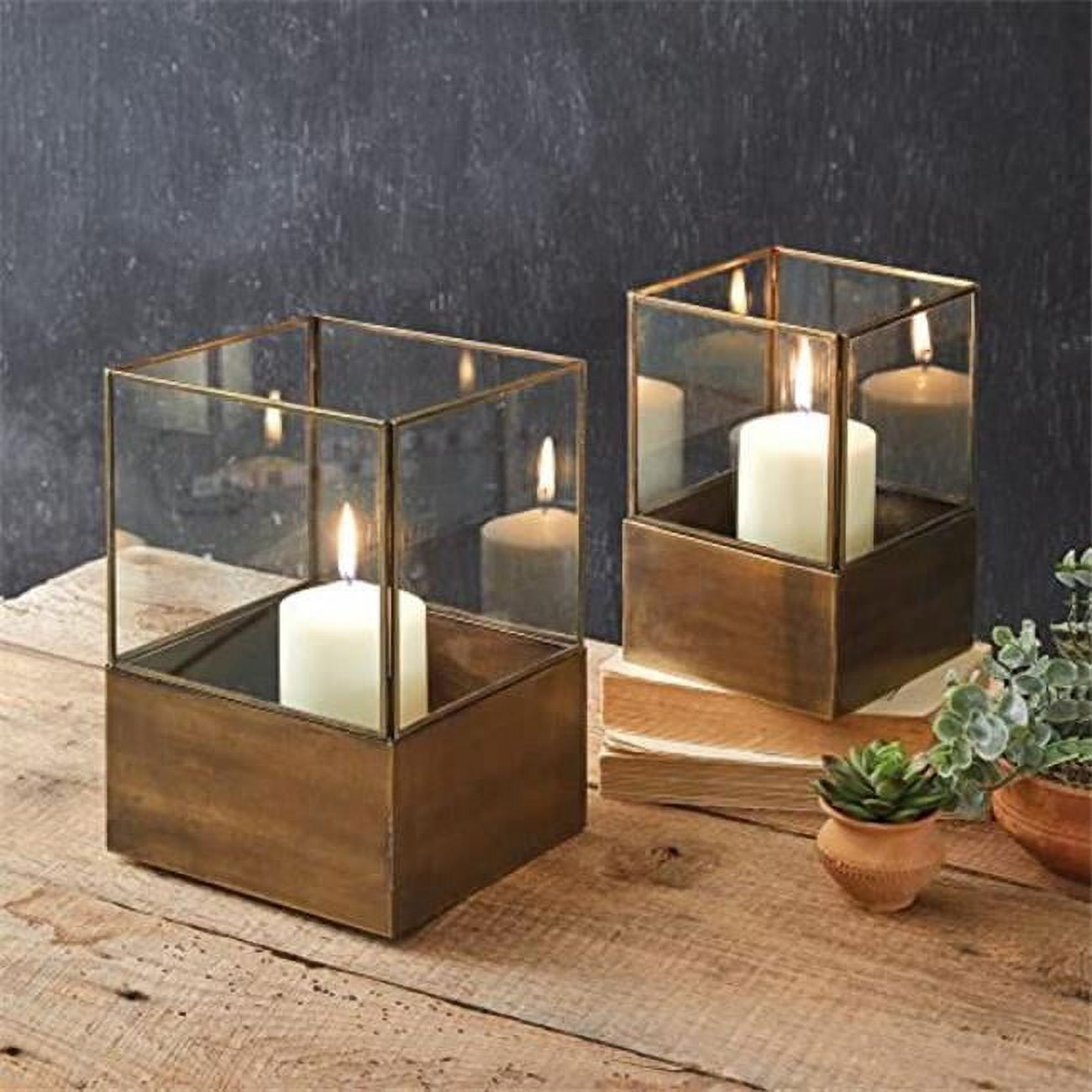 Set of 2 Brass and Glass Rectangular Candle Lanterns