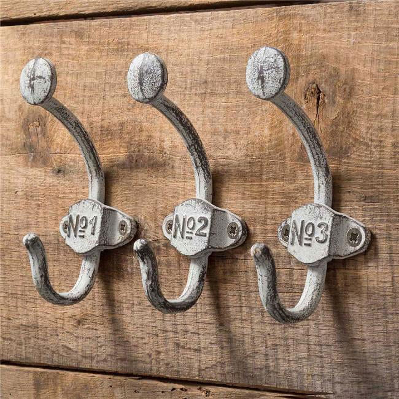 Distressed White Metal Numbered Wall Hooks Set of 3