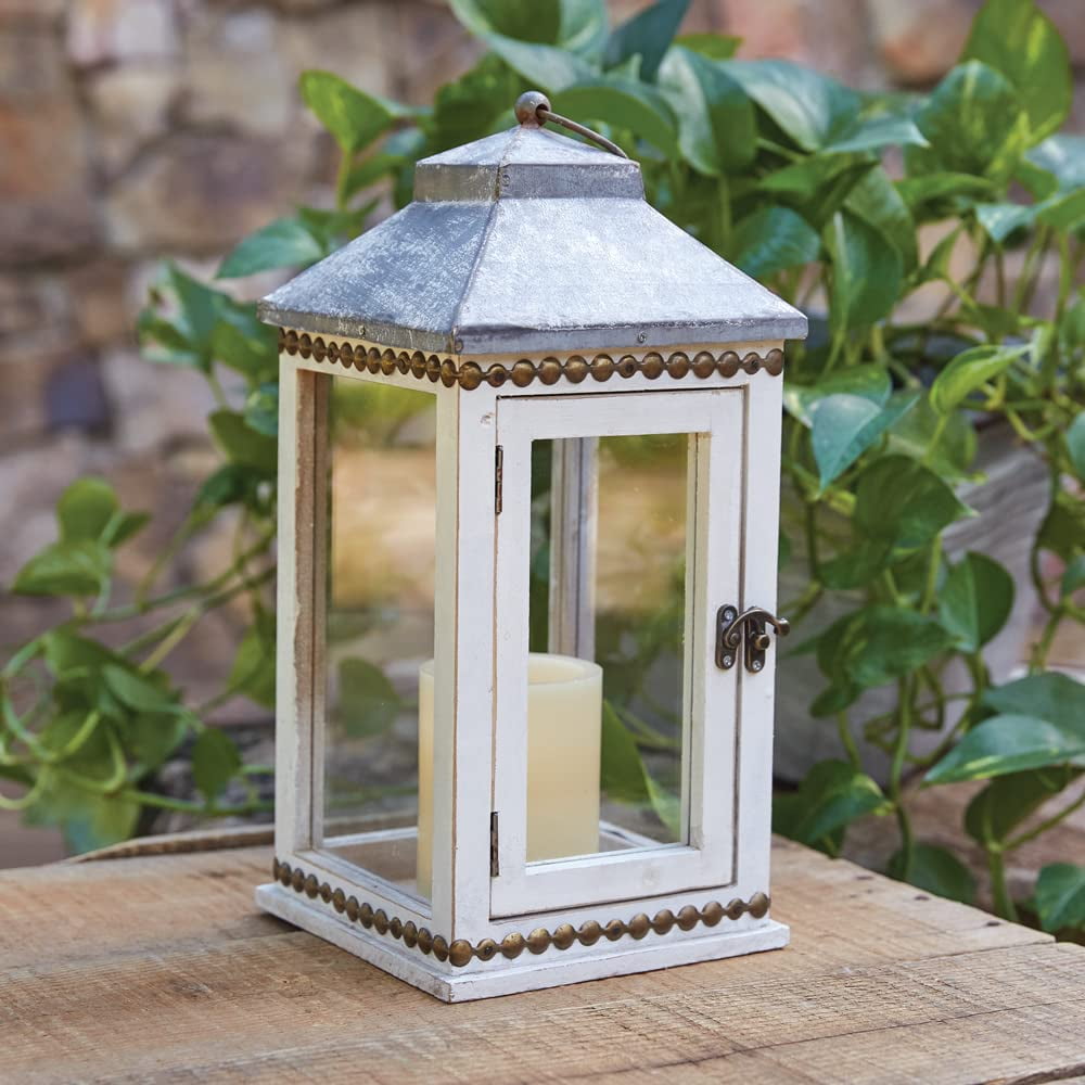 Rustic White Wood and Metal Tabletop Lantern