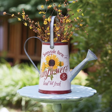 CTW Home Collection Sunnyside Farm Sunflowers Watering Can Planter, 15-inch Width, Metal, Flower Organizer, Tabletop Accent, Indoor Outdoor Decoration