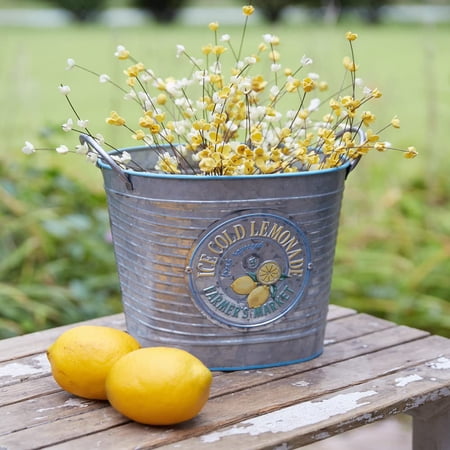 CTW Home Collection Ice Cold Lemonade Galvanized Bucket Planter, 11.25-inch Width, Metal, Flower Organizer, Tabletop Accent, Indoor Outdoor Decoration