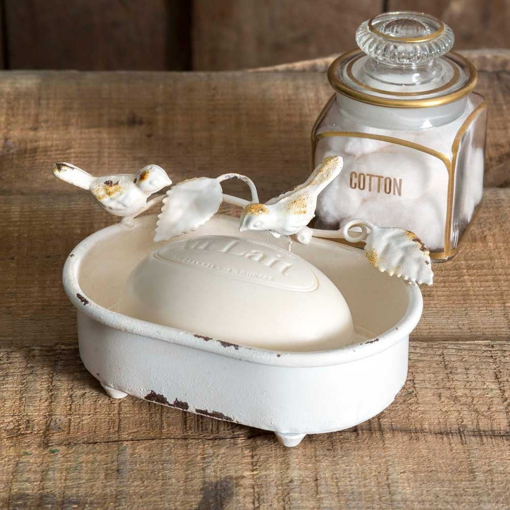 Distressed White Ceramic Birds Soap Dish