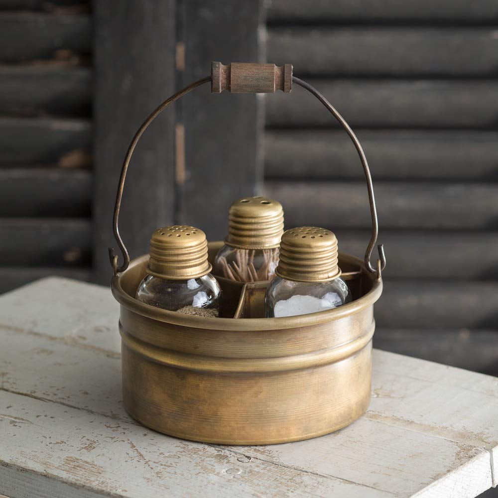 Antique Brass Mason Jar Salt, Pepper & Toothpick Caddy Set