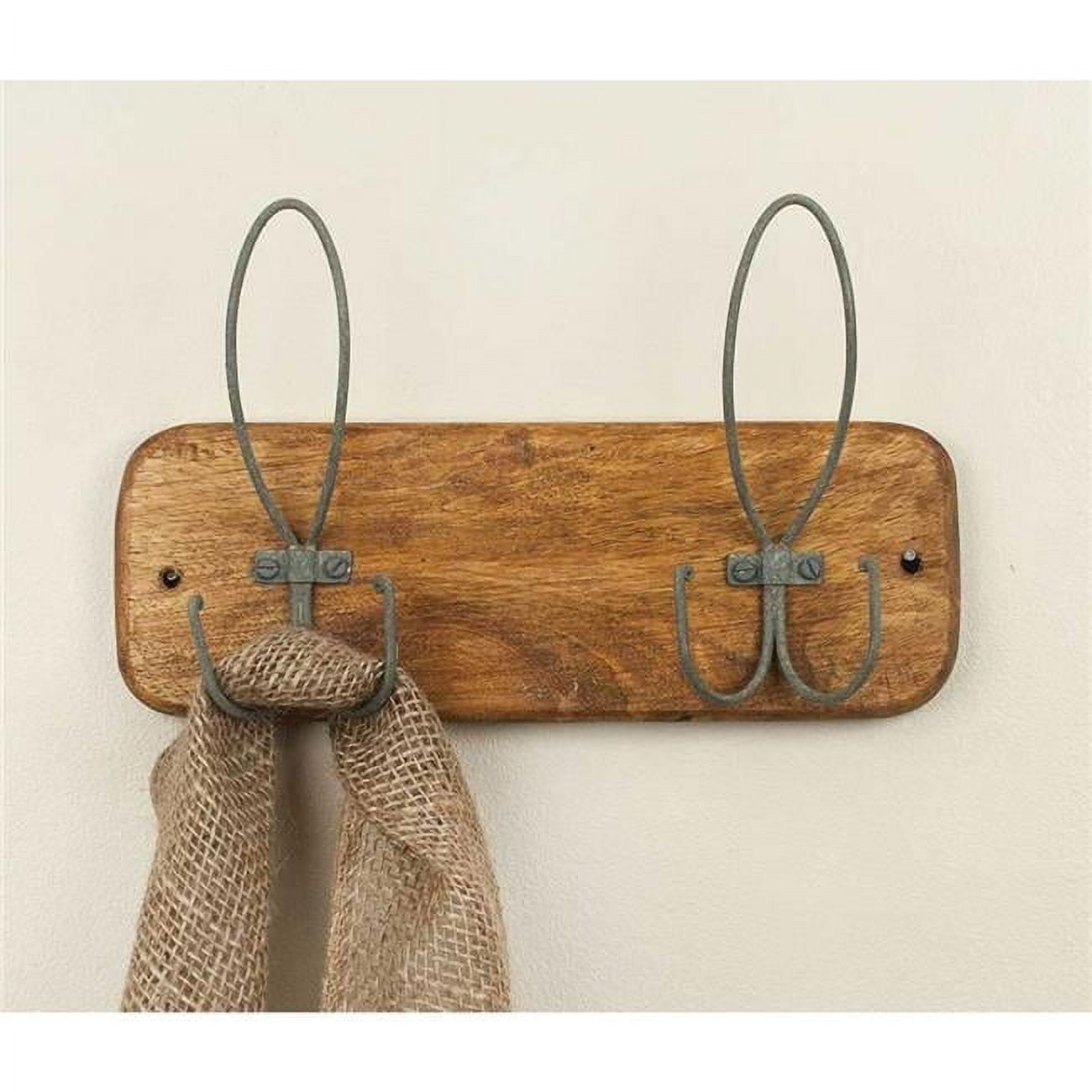 Rustic Brown Wood and Metal Wall Hooks, Set of 2