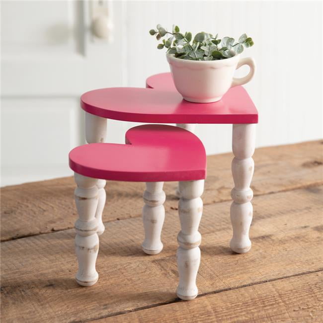 Pink and Natural Mango Wood Heart Tabletop Stools Set