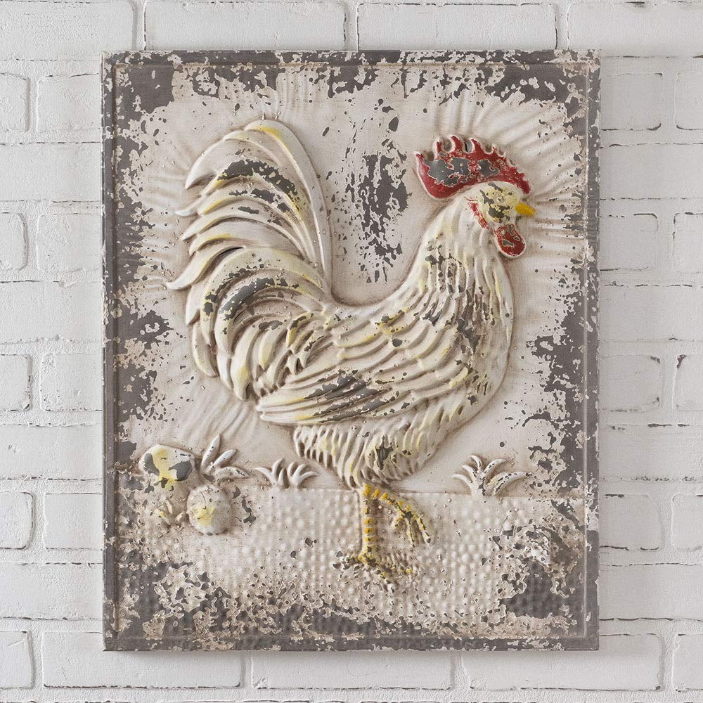 Rustic White Metal Rooster Outdoor Wall Decor