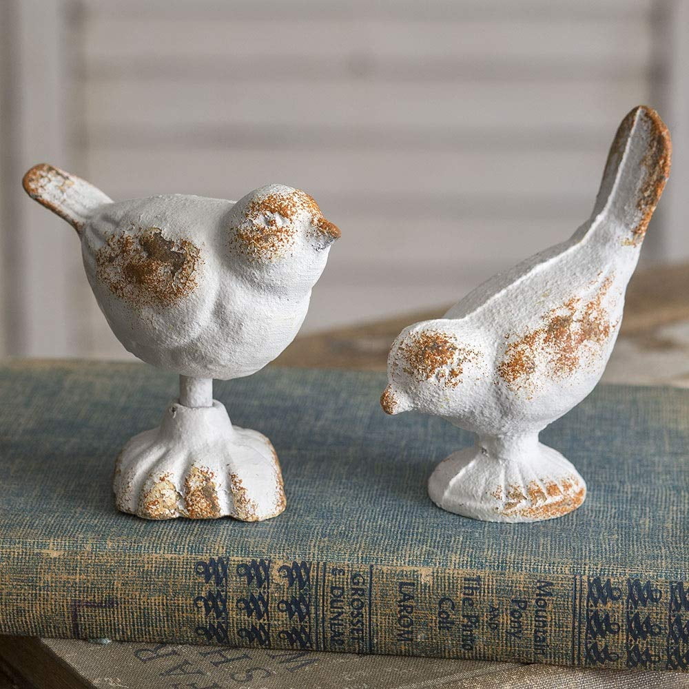 White and Brown Cast Iron Bird Figurines Set