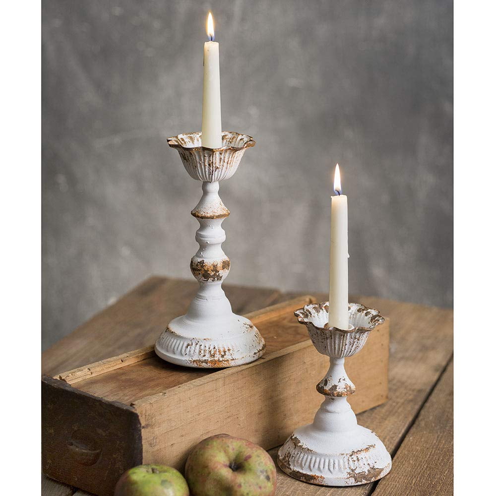 Rustic White Metal Tapered Candle Holders Set of 2