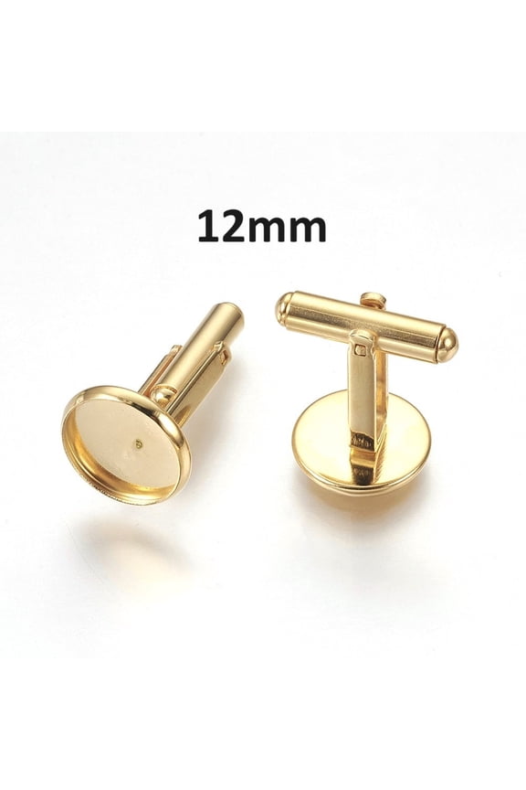CU008 - Lot of 10 Gold Plated Cuff Links (5 pairs) - 12mm Glue Pad Bezel Setting - 304 Stainless Steel - Tarnish Resistant! Very High Quality!