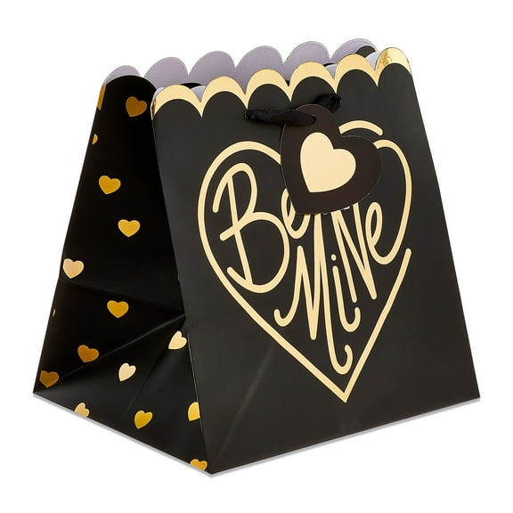 Be Mine Heart Gift Bag, Black and Gold, 8" x 6" x 8", Valentine's Day by Way To Celebrate