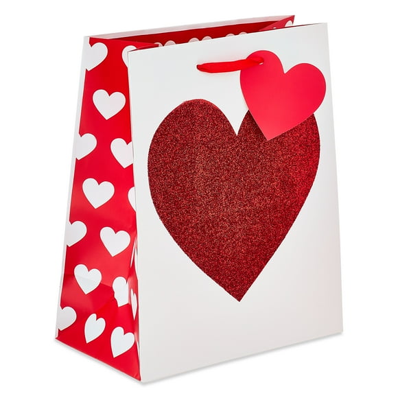 Glitter Heart Gift Bag, Red and White, 7" x 4" x 8.5", Valentine's Day by Way To Celebrate