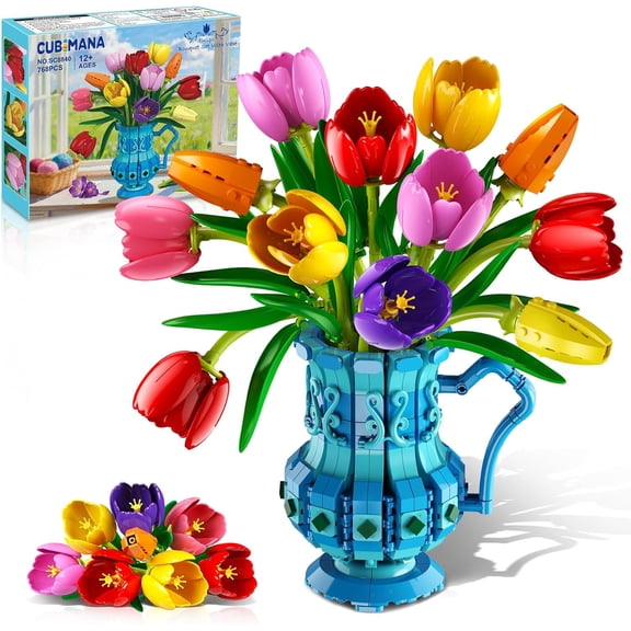 CUBIMANA Tulip Flower Building Set with Vase, 768PCS Botanical Collection Building Blocks, Artificial Flower Bouquet Home and Office Decor for Teens and Adults 12+