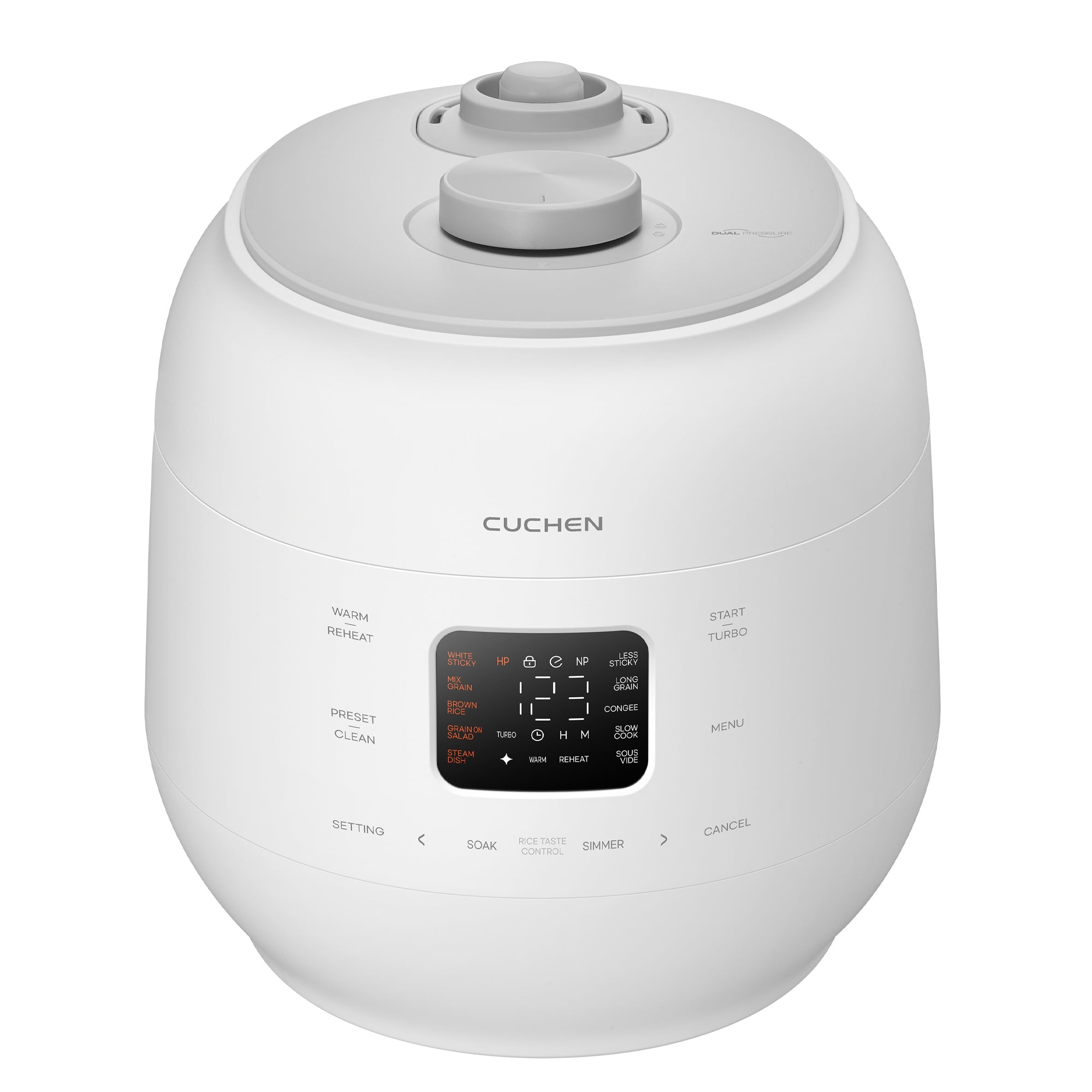 CUCHEN CRS-FWK1040WUS | Dual Heating Pressure Rice Cooker 10 Cup (Uncooked) | High/Non-Pressure | Triple Power Packing | Easy Open Handle | Stainless Cover | Auto Steam Clean | White