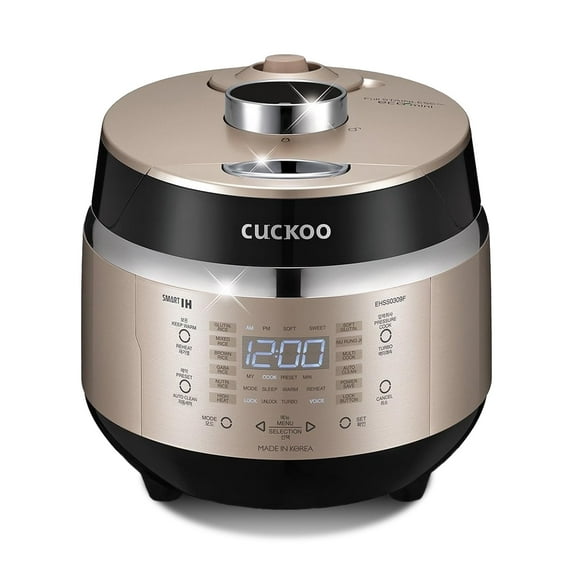 CUCKOO High Pressure Rice Cooker 3-Cup Uncooked / 6-Cup Cooked with Induction Heating Technology, Small Rice Maker with 16 Menu Options and Steam Plate, Voice Guide, Gold (CRP-EHSS0309F)