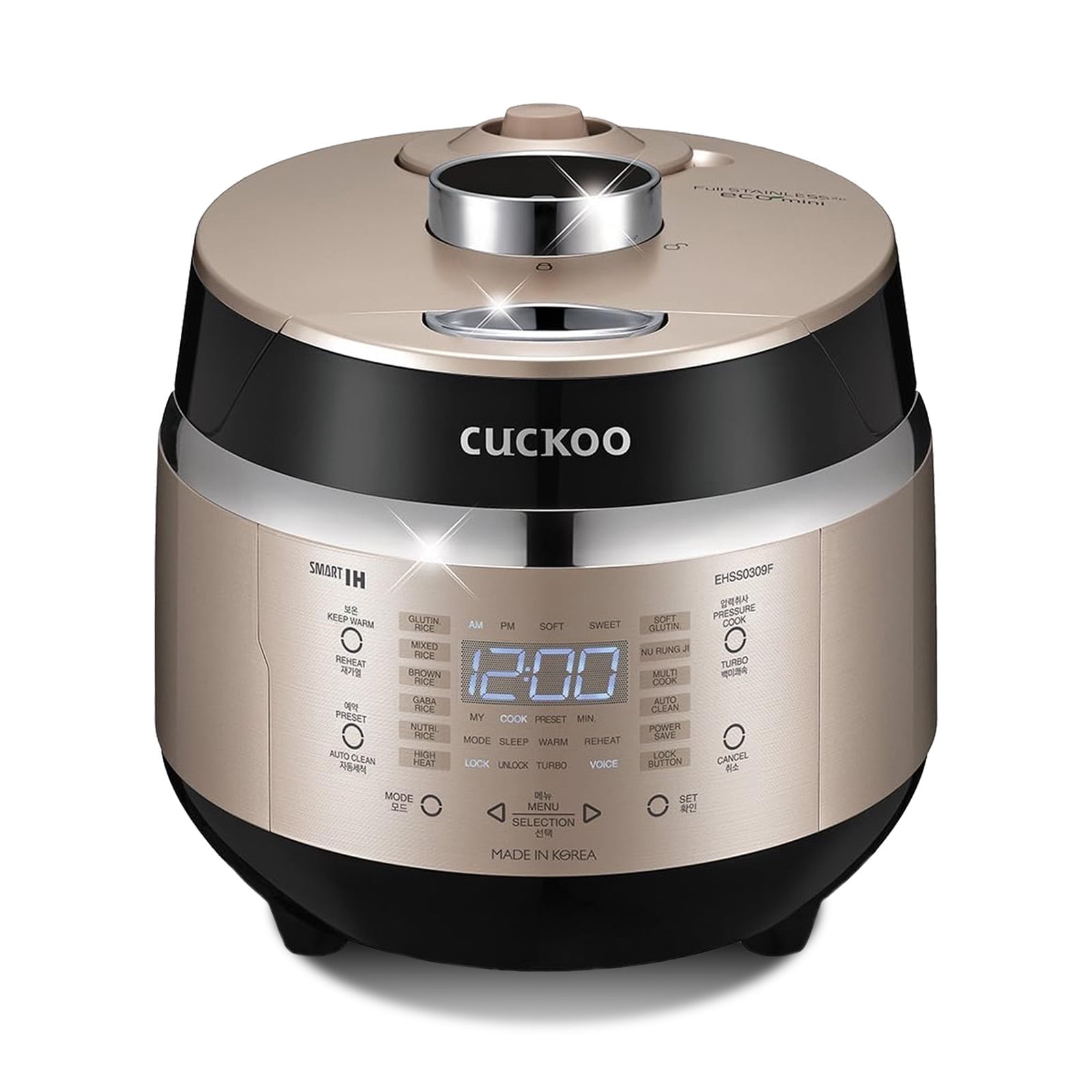 Walmart savings: Cuckoo 3 Cup Dry Induction Heating Pressure Rice Cooker with Micom Logic Tech, Nonstick Pot, Warmer, 16 Menu Modes and Voice Guide in Gold (CRP-EHSS0309FG)