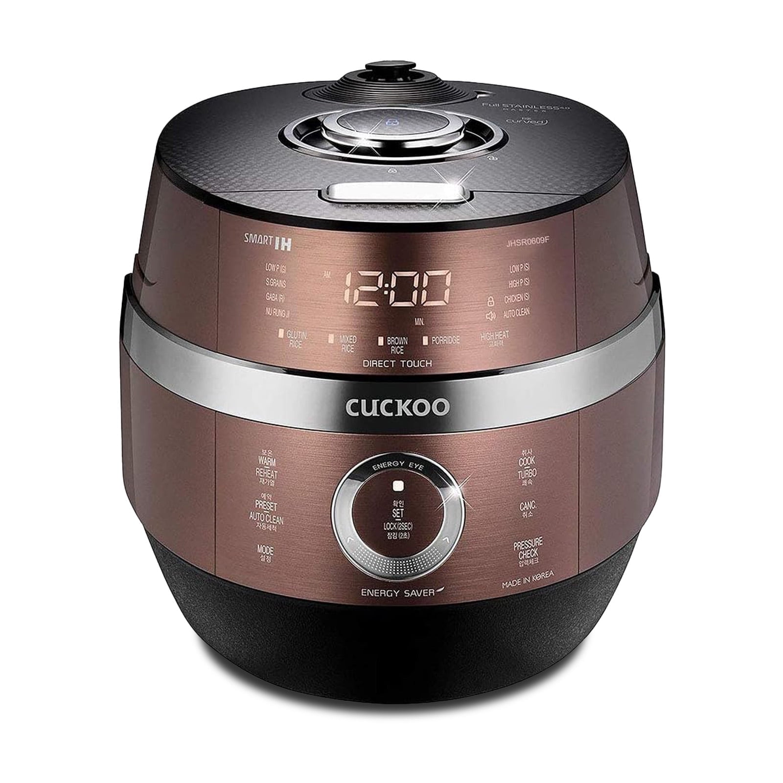 Cuckoo 10 Cup Dry Induction Heating Pressure Rice Cooker with Micom Logic Tech, Nonstick Pot, Warmer, 13 Menu Modes and Voice Guide in Black/Copper (CRP-JHR1009F)