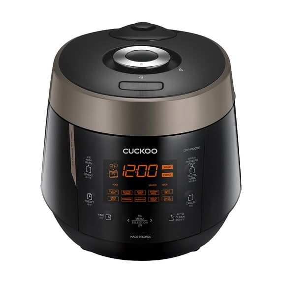 CUCKOO High Pressure Rice Cooker 10-Cup Uncooked / 20-Cup Cooked with Nonstick Inner Pot, Large Rice Maker with 13 Menu Options and Steam Plate, Fuzzy Logic Tech, Voice Guide, Black (CRP-P1009SB)