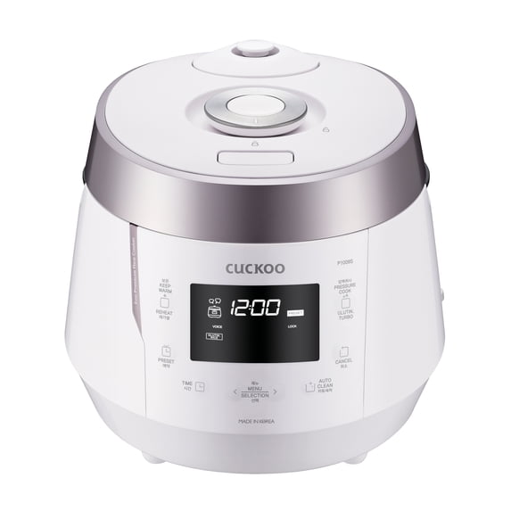 CUCKOO High Pressure Rice Cooker 10-Cup Uncooked / 20-Cup Cooked with Nonstick Inner Pot, Large Rice Maker with 13 Menu Options and Steam Plate, Fuzzy Logic Tech, Voice Guide, White (CRP-P1009SW)
