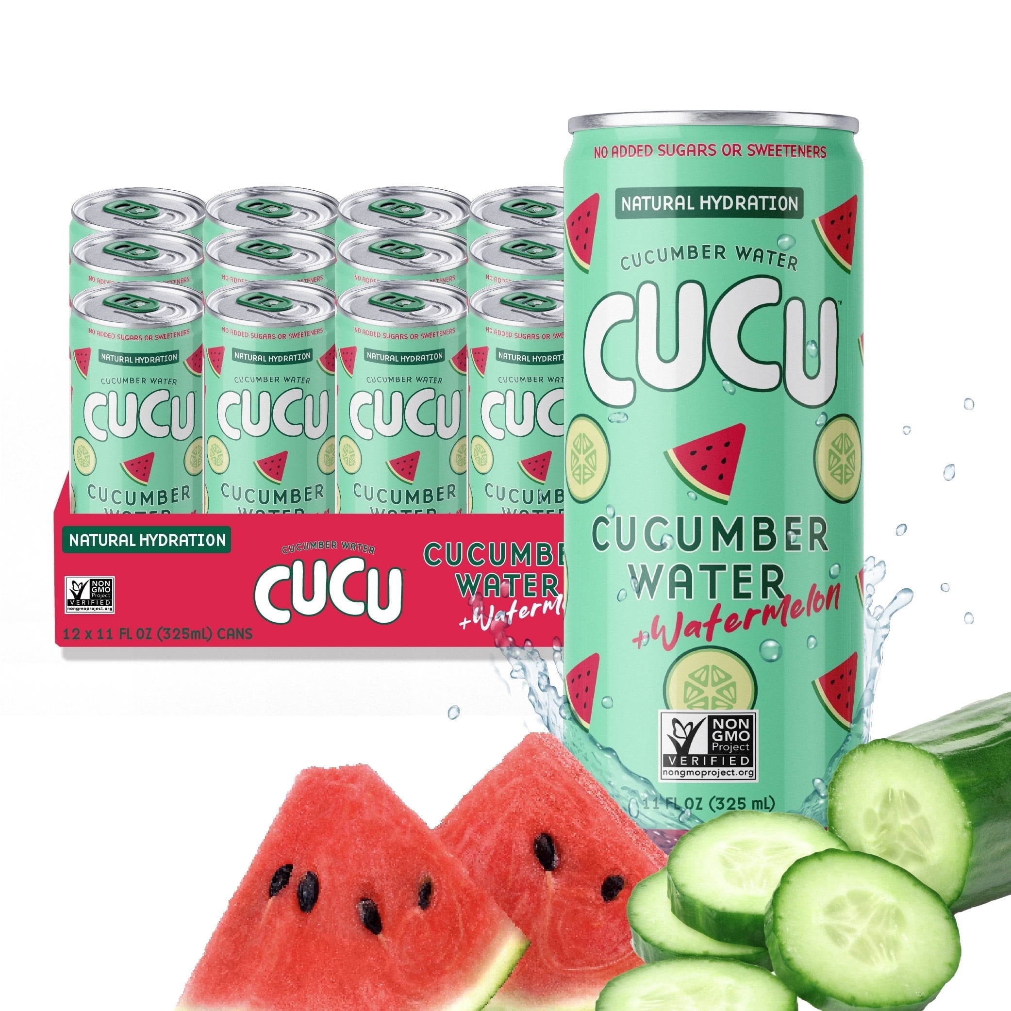CUCU Pressed Cucumber + Watermelon Water, Real Cucumber & Watermelon Juice, Vitamin C, No Sugar Added, Non-GMO, 11 fl oz, 12 Pack