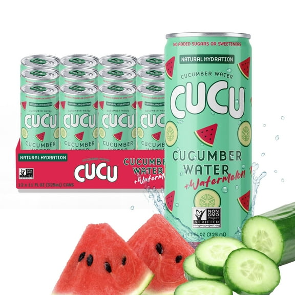 CUCU Cucumber and Watermelon Water – Natural Hydration with Vitamin C, Electrolytes & Antioxidants – No Sugar Added, Non-GMO – 12 Pack, 11 fl oz Cans