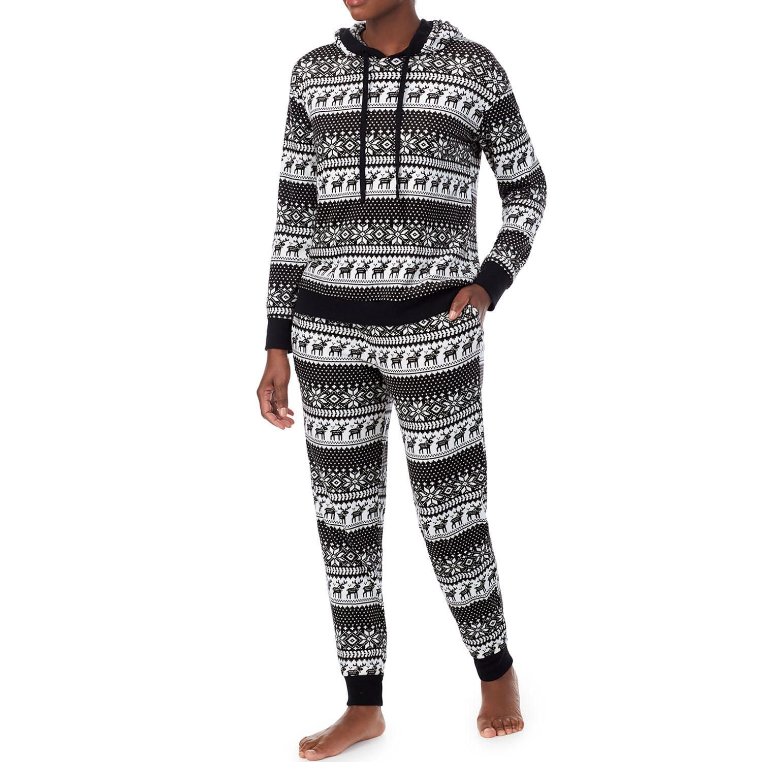 CUDDL DUDS Ladies 2 Piece Long Sleeve Hooded Pajama Set, Black Ivory Fair Isle M - Walmart.com