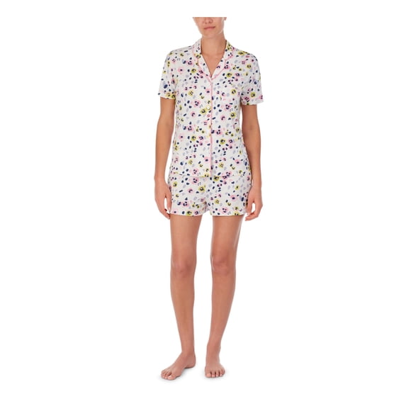 CUDDL DUDS Sets White Knit Elastic Band Printed Short Sleeve V Neck Button Up Lounge Everyday Size M