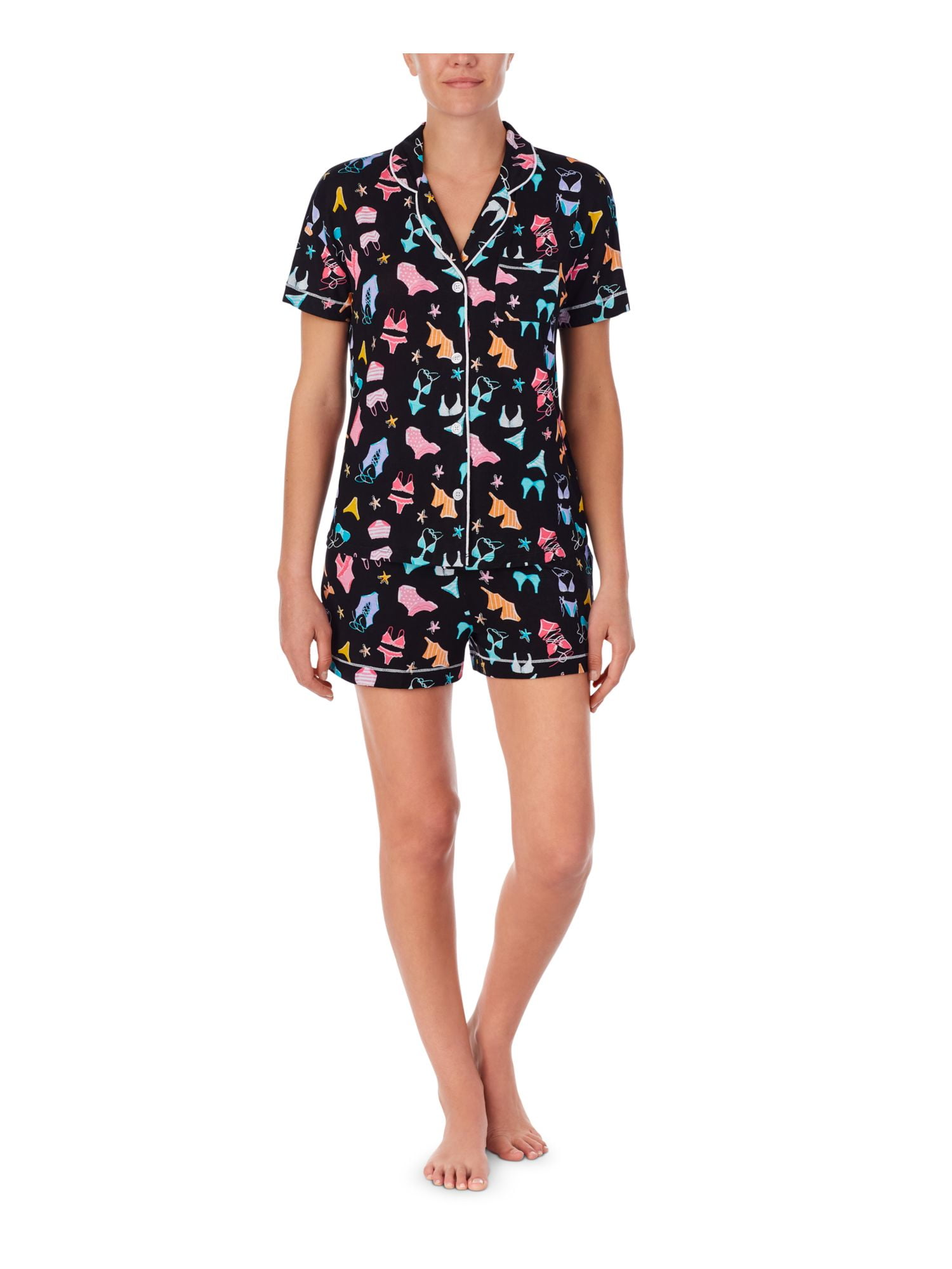 CUDDL DUDS Sets Black Knit Elastic Band Printed Short Sleeve V Neck