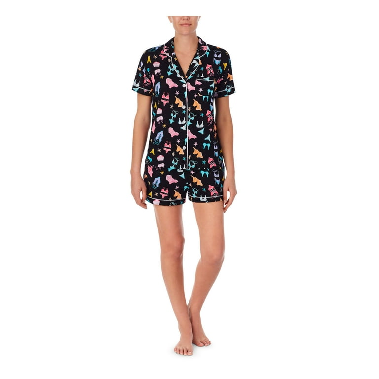 CUDDL DUDS Sets Black Knit Elastic Band Printed Short Sleeve V