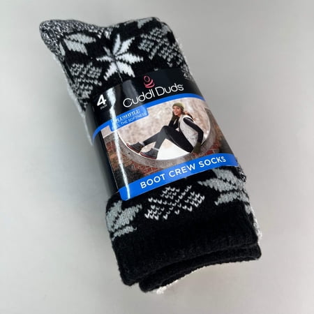 CUDDLE DUDS Soft Boot Crew Socks Plushfill 4 Pair Sz 4-10 Black Check (New)