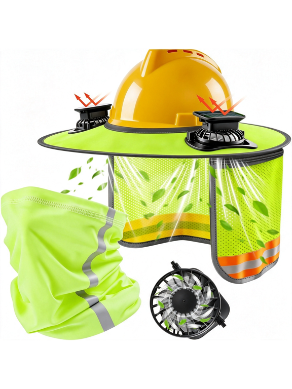 1 Set Hardhat Sun Shade Kit with Solar Fans and Neck Gaiter|Hard Hat Visor Sun Shade Full Brim,Hard Hat Sun Shield with Reflective Strip for Construction Workers Outdoor (Neon Yellow)