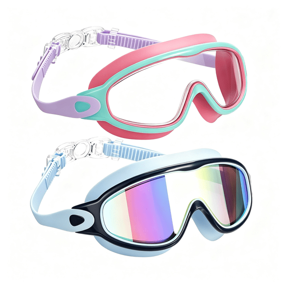 CUDIAO Kids Swim Goggles 2Pcs Anti-Uv Anti-Fog Wide View Swimming Goggles for Kids 3-14 Secure Fit Clip Goggles for Kids