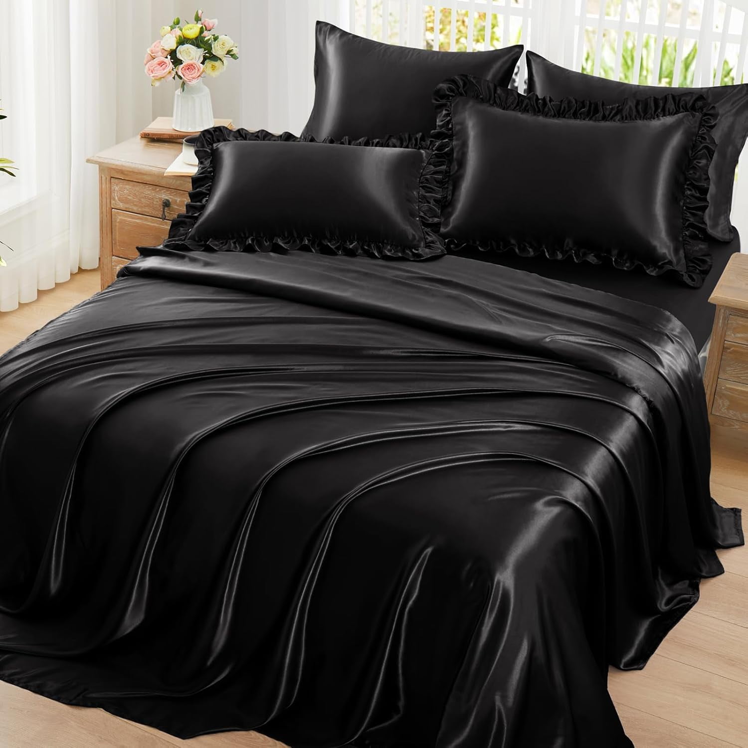 CUDUCA-Ruffled Satin Sheets Full Size 6pc Set - Black Bed Sheet Set ...